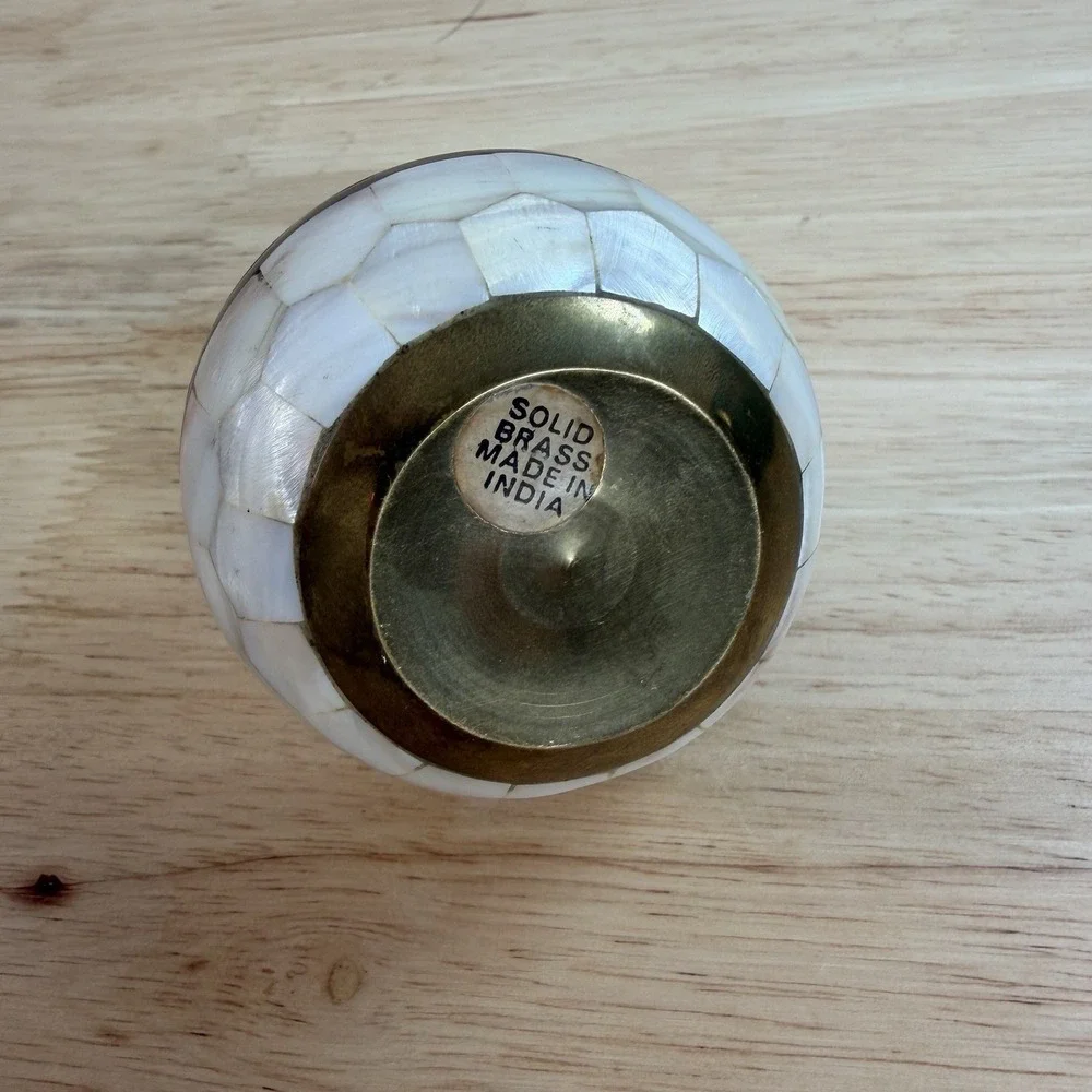 Vintage 90's Brass & Mother of Pearl Apple Shaped Trinket Box India
